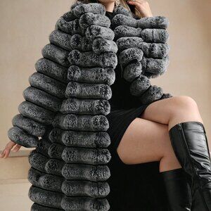 Black And White Fluffy Women's Mid-Length Coat